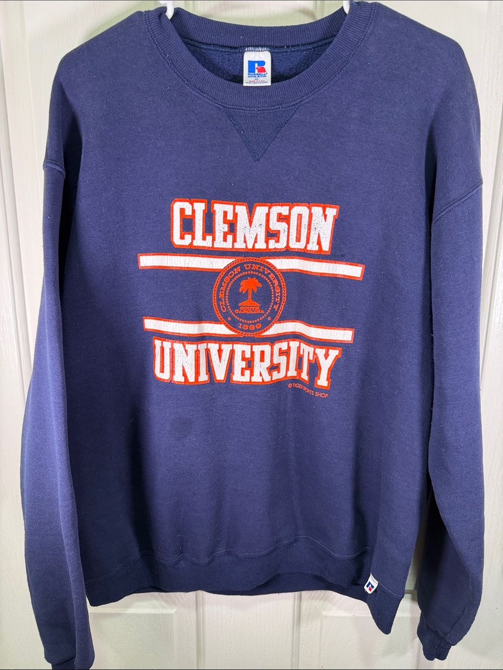 Russell Athletic Navy Crewneck with Orange Clemson University Chest Logo